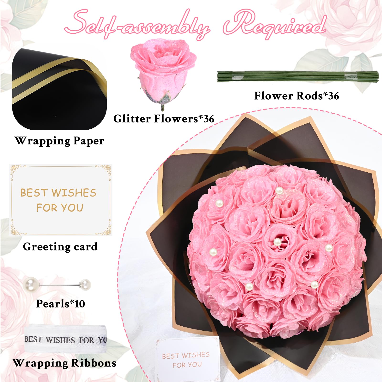 Amazon｜Waipfaru ピンク グリッター ローズブーケ DIY フェイク